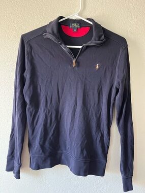 Polo Ralph Lauren Boys Cotton Navy Quarter-Zip Sweatshirt with Red Trim